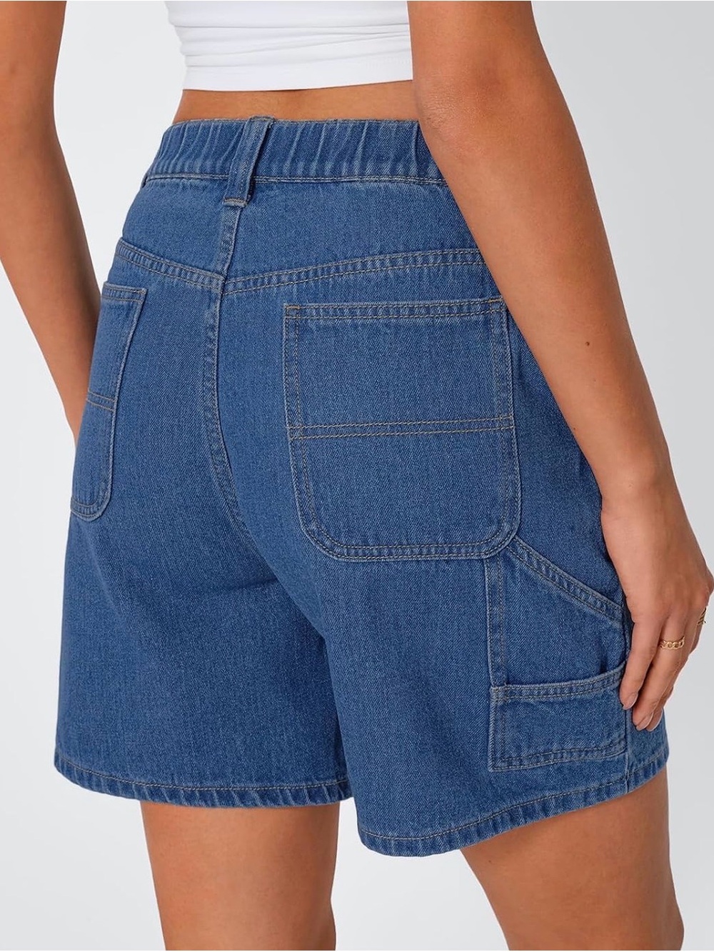 Size 10 High-Rise Utility Cargo Denim Shorts - Blue. Button front/ elastic back